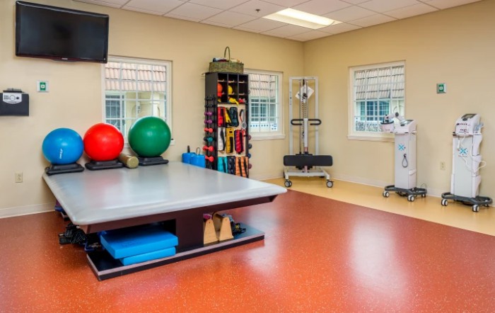 A well-equipped physical therapy room with exercise balls, mats, and other rehabilitation equipment.