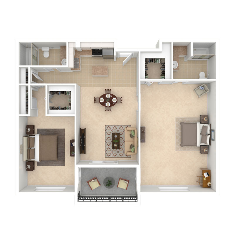 A detailed floor plan of a two-bedroom apartment featuring a living room, kitchen, and bathroom.