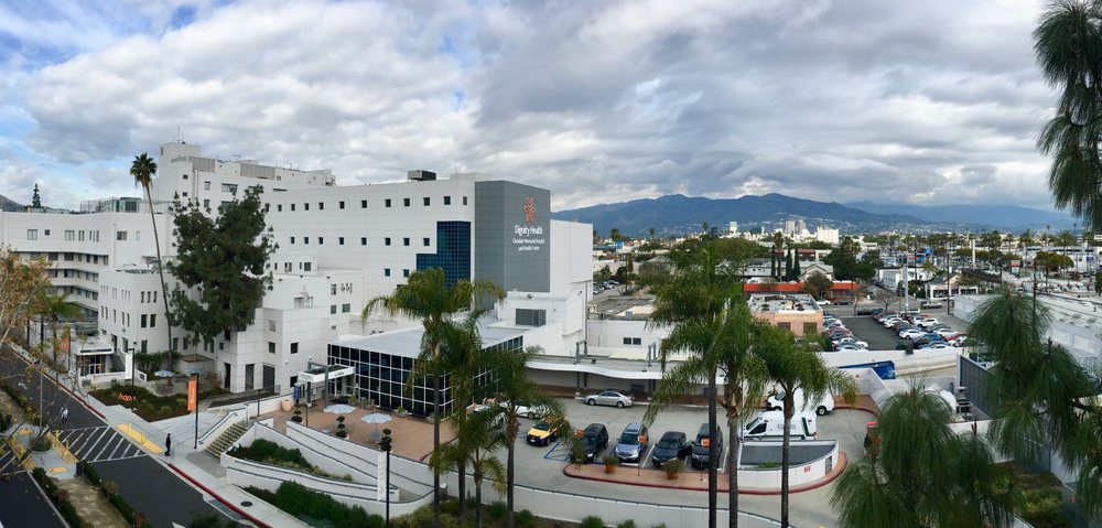 A modern hospital building with palm trees in the foreground under a cloudy sky.