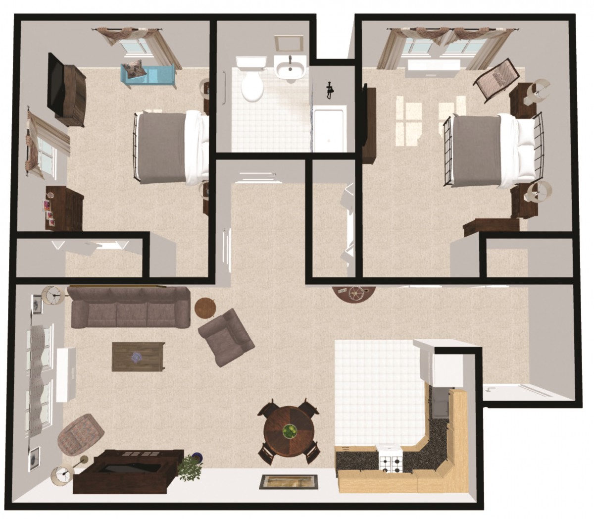 A detailed floor plan of a residential apartment showing the layout of bedrooms, living area, kitchen, and bathroom.
