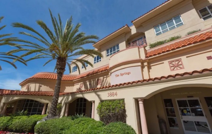 A sunny day view of a residential building with palm trees and landscaping.