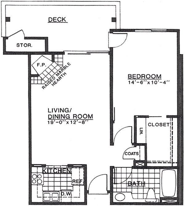 A one-bedroom apartment floor plan featuring a living/dining room, kitchen, bathroom, closet, and a deck.