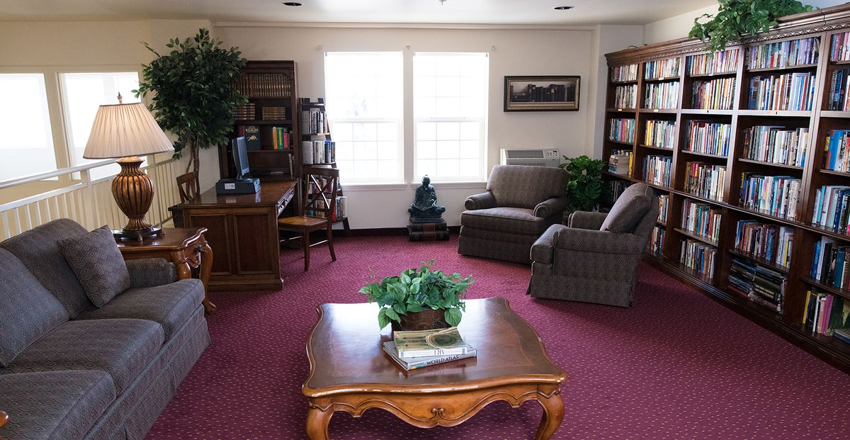 A cozy living room with bookshelves, armchairs, and a coffee table featuring an indoor plant.
