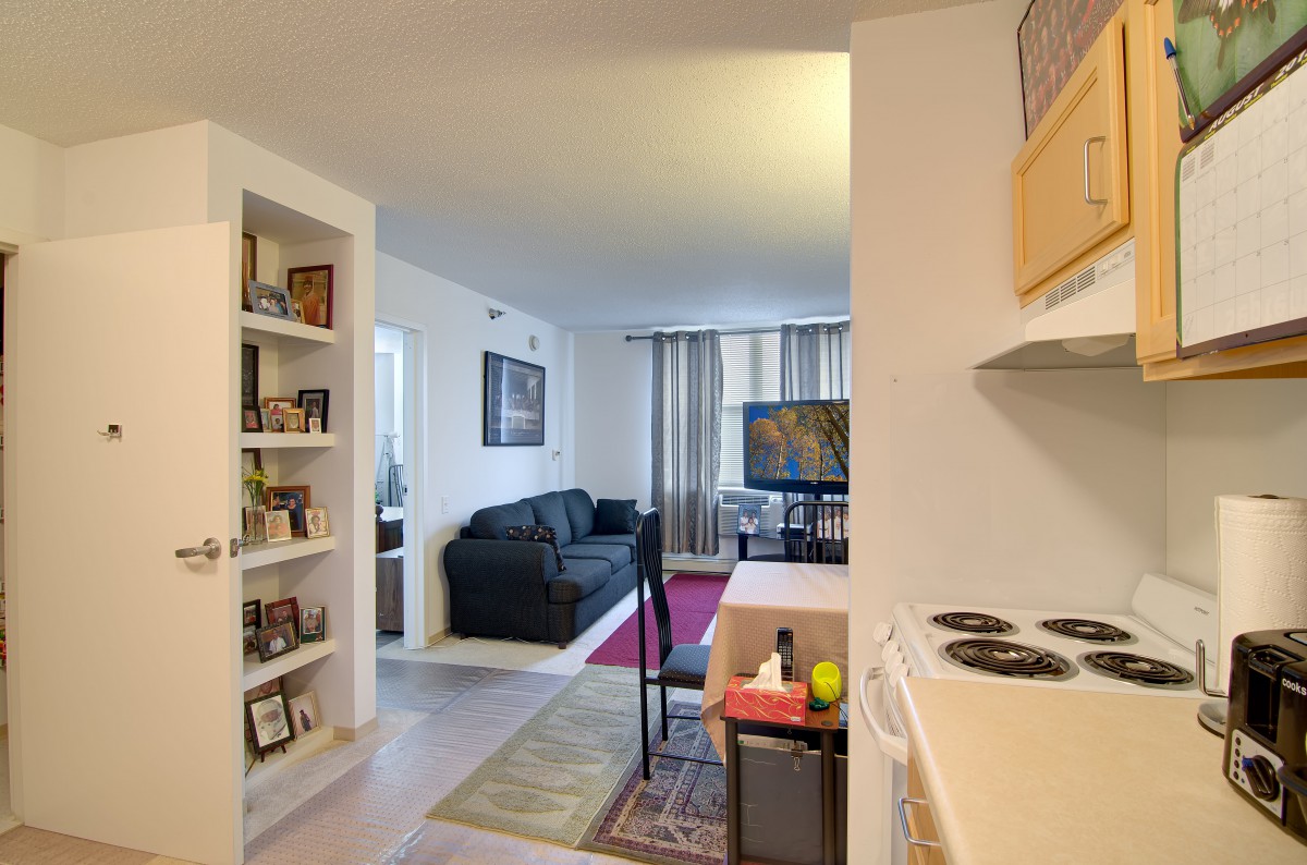 A cozy apartment interior featuring a living room with a sofa, television, and bookshelf, adjacent to a compact kitchen area.