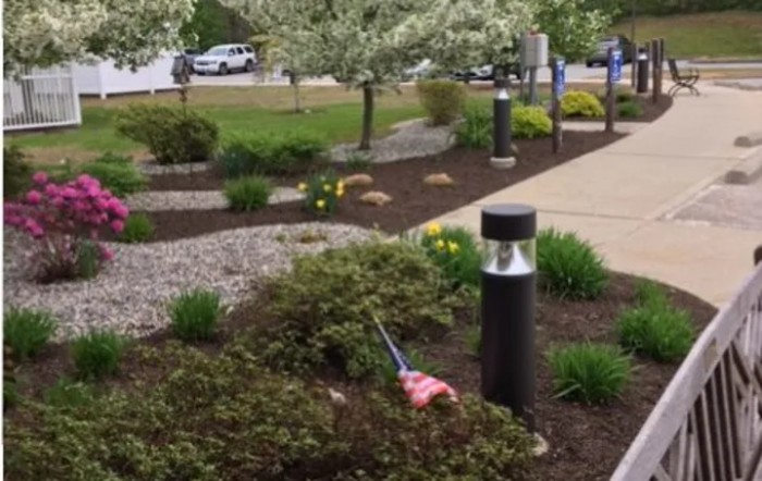 A landscaped garden with a pathway, featuring bushes and lamp posts.