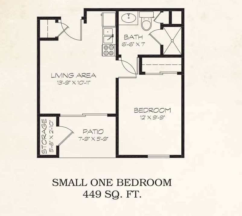 Floor plan of a small one-bedroom apartment with 449 square feet.