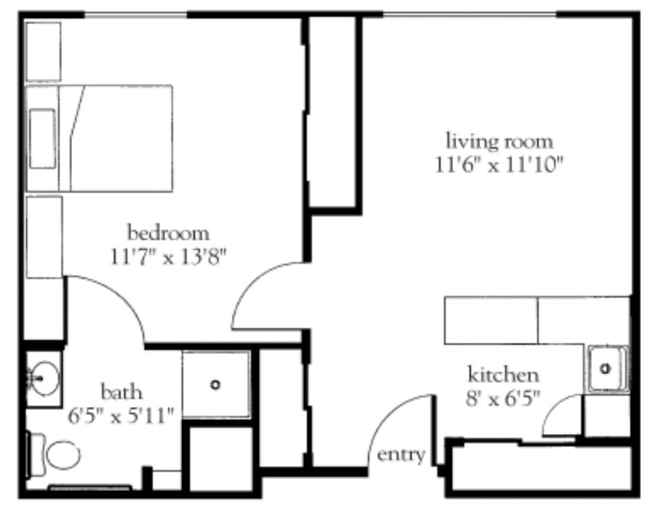 A floor plan of an apartment showing the layout and dimensions of rooms including a bedroom, living room, kitchen, and bathroom.