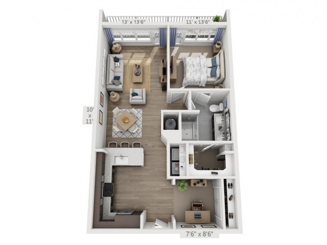 A 3D floor plan of an apartment featuring a living room, kitchen, bedroom, and bathroom.
