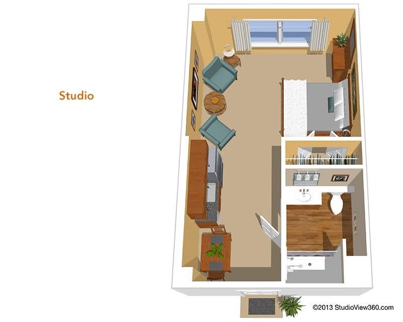 3D floor plan of a studio apartment with furniture layout.