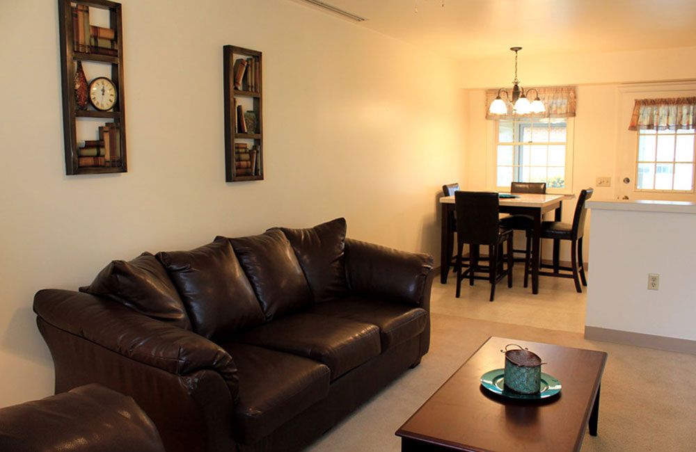 A cozy living room with a brown leather sofa and an adjacent dining area.