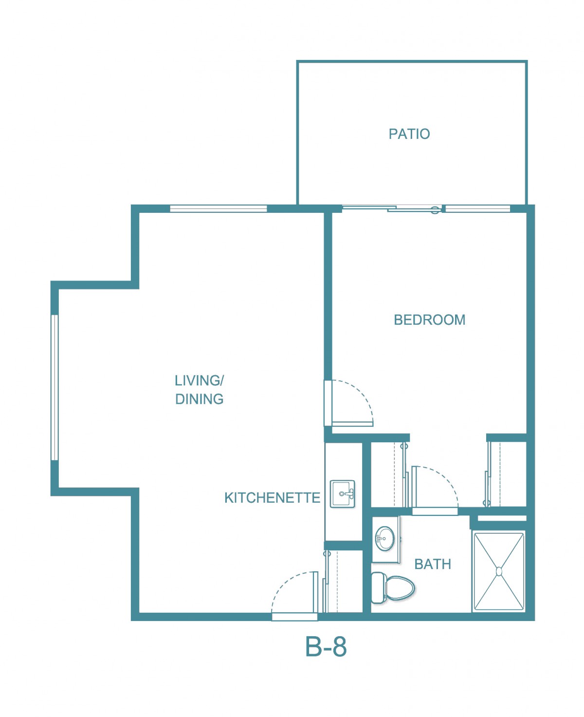 One-bedroom apartment floor plan with a kitchen, living/dining area, bathroom, and patio.
