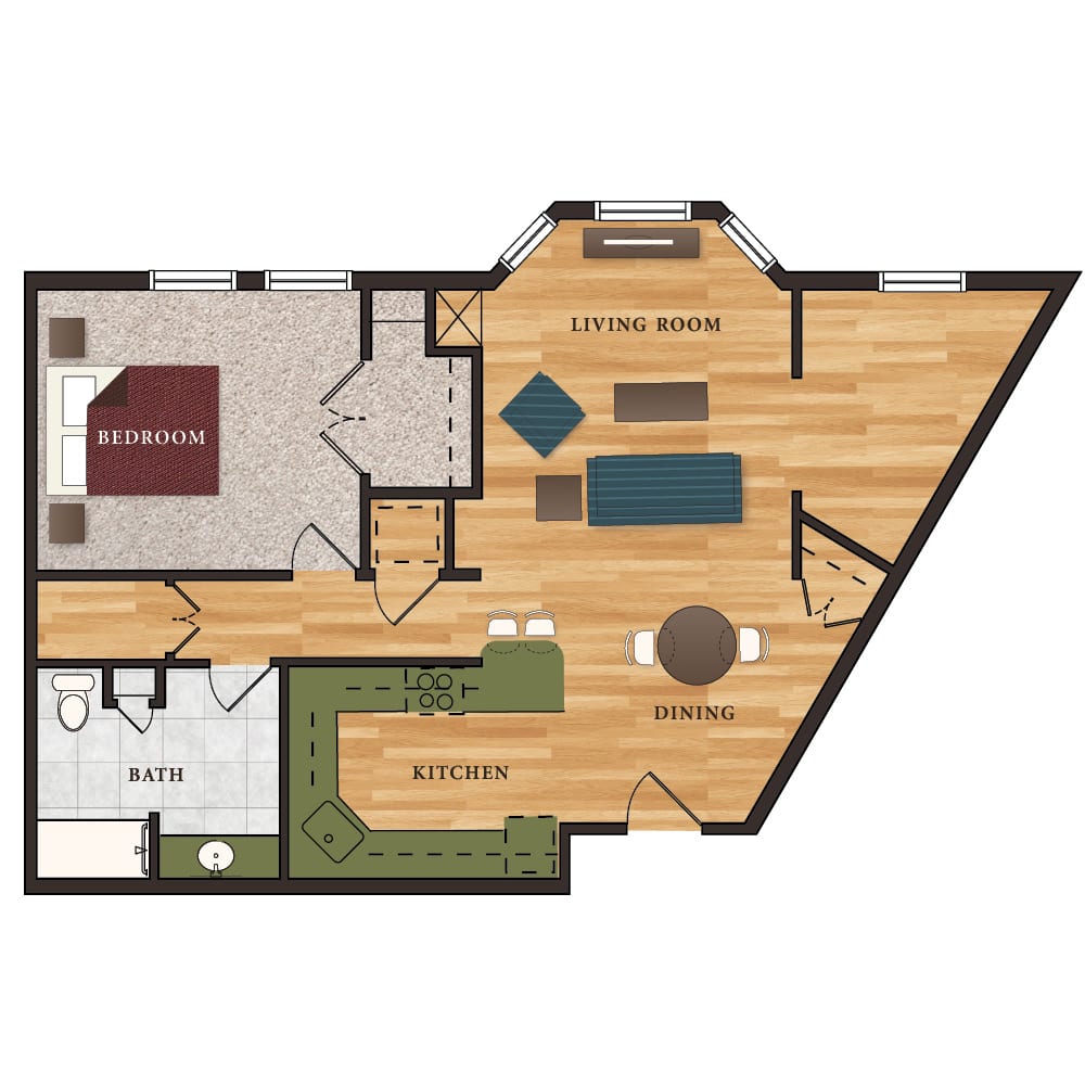 A spacious apartment floor plan featuring one bedroom, a living room, kitchen, and bathroom.