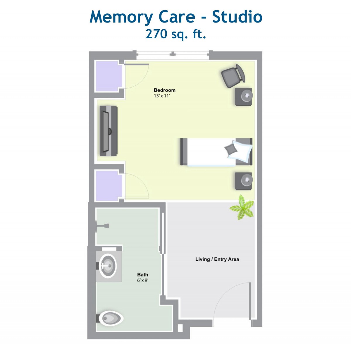 A floor plan of a memory care studio apartment, 370 square feet in size.