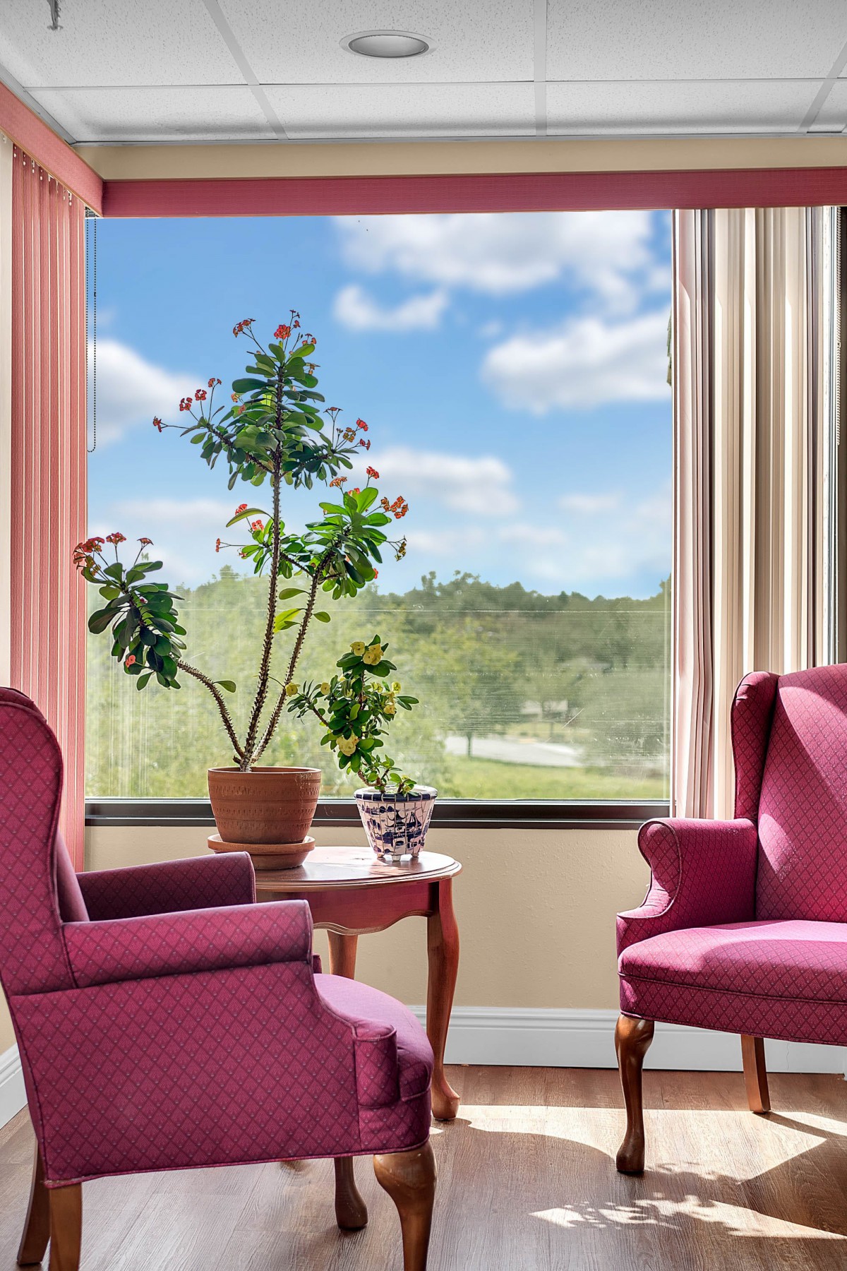 A cozy sitting area with two pink chairs, a small table with potted plants, and a large window showcasing a scenic view.