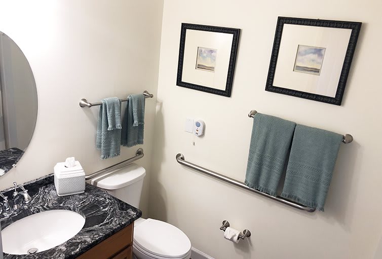 A bathroom featuring a toilet, sink, and framed artwork with teal towels hanging on grab bars.