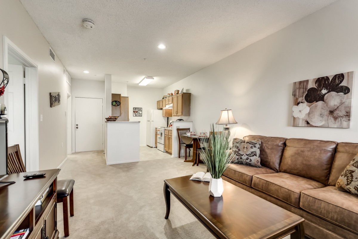 A modern open-concept living room with a view into the kitchen area.