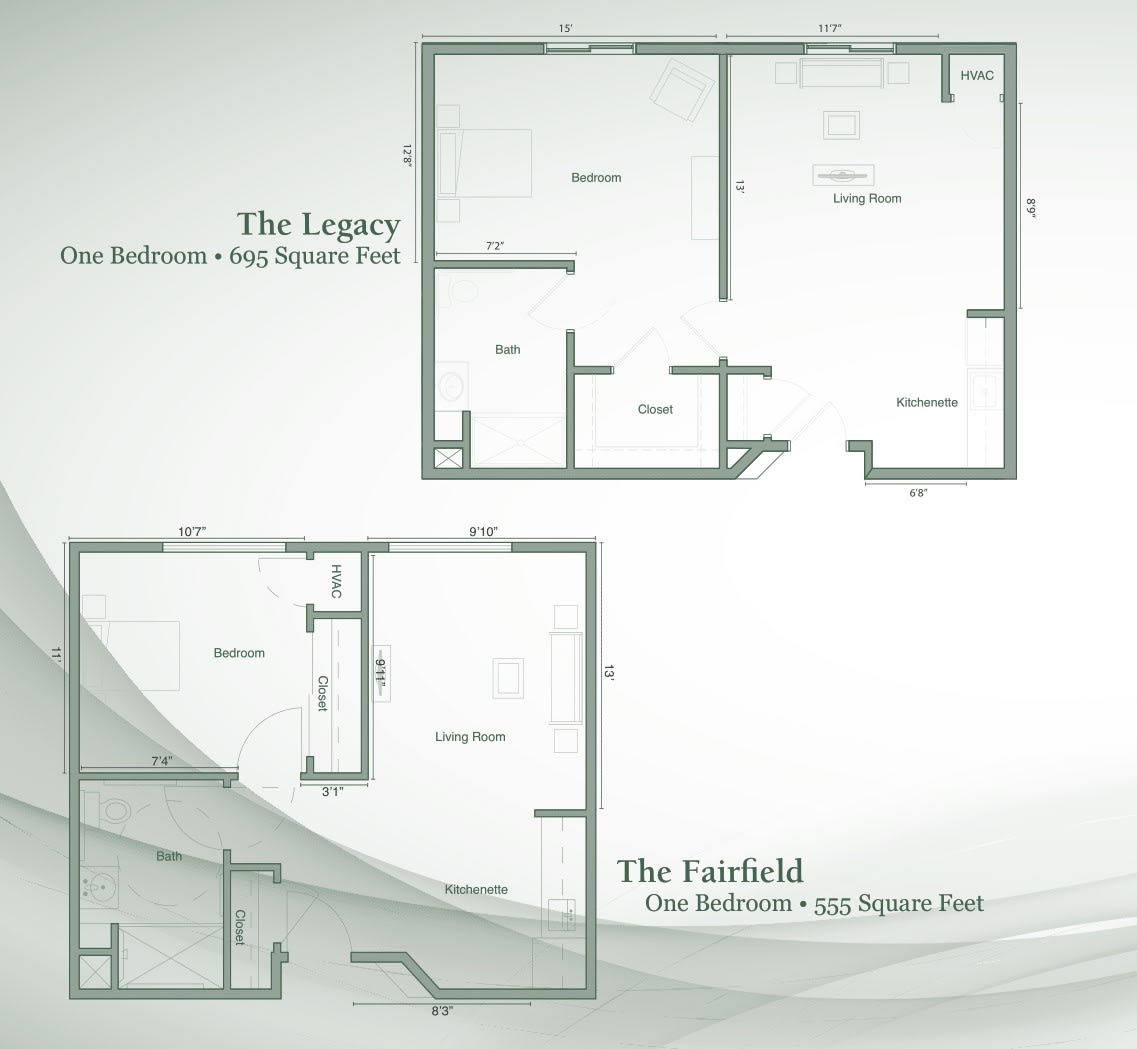 Floor plans for 'The Legacy' and 'The Fairfield' apartments.