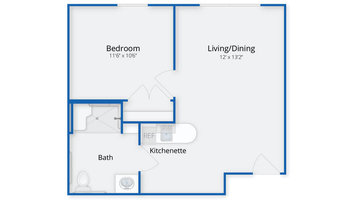 A floor plan of a one-bedroom apartment featuring a living/dining area, kitchenette, and bathroom.
