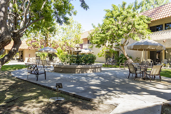 A sunny outdoor patio area with tables, chairs, and surrounding trees.