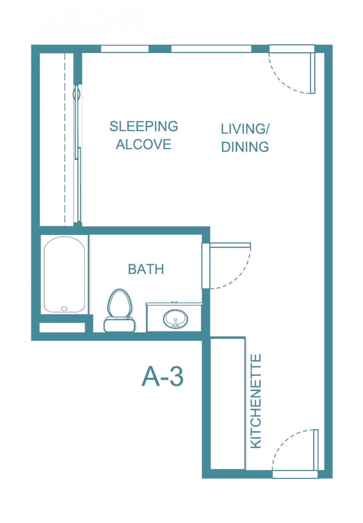 Studio apartment floor plan with a sleeping alcove, living/dining area, kitchenette, and bathroom.