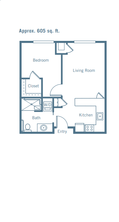 A simple one-bedroom apartment floor plan featuring a kitchen, living room, bathroom, and closet.