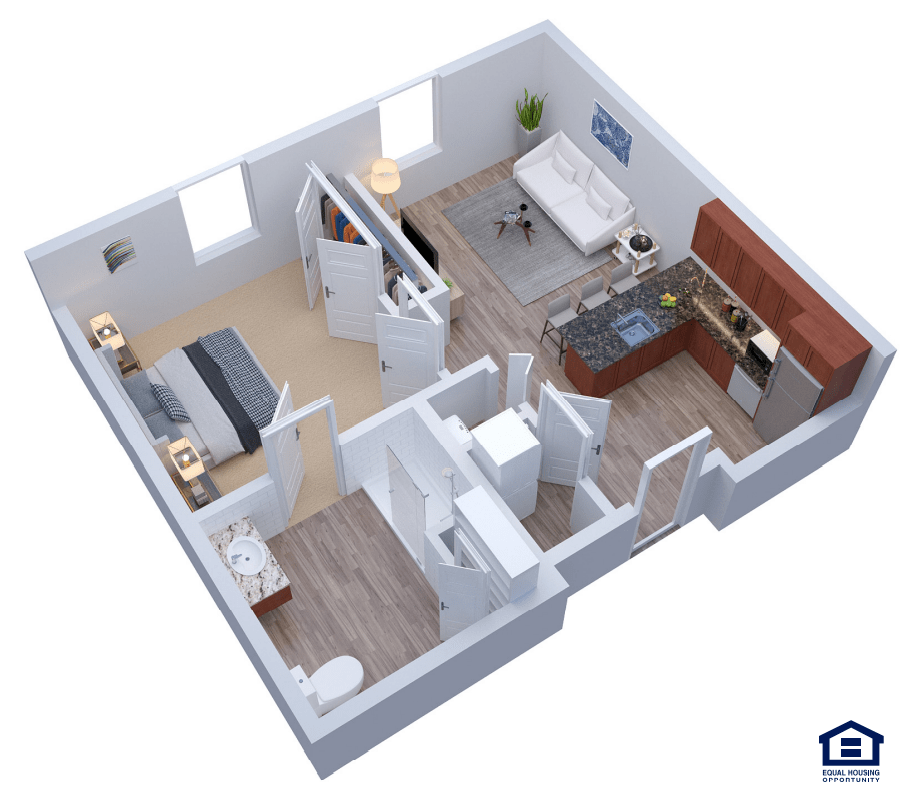 A 3D floor plan of a one-bedroom apartment featuring a kitchen, living room, and bathroom.