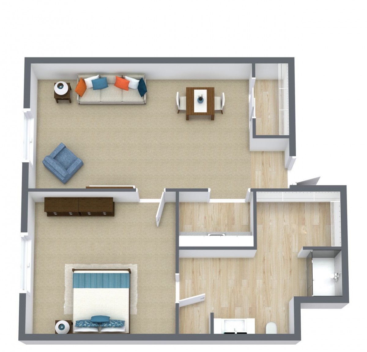 This is a floor plan of an apartment featuring a living room, bedroom, kitchen, and dining area.