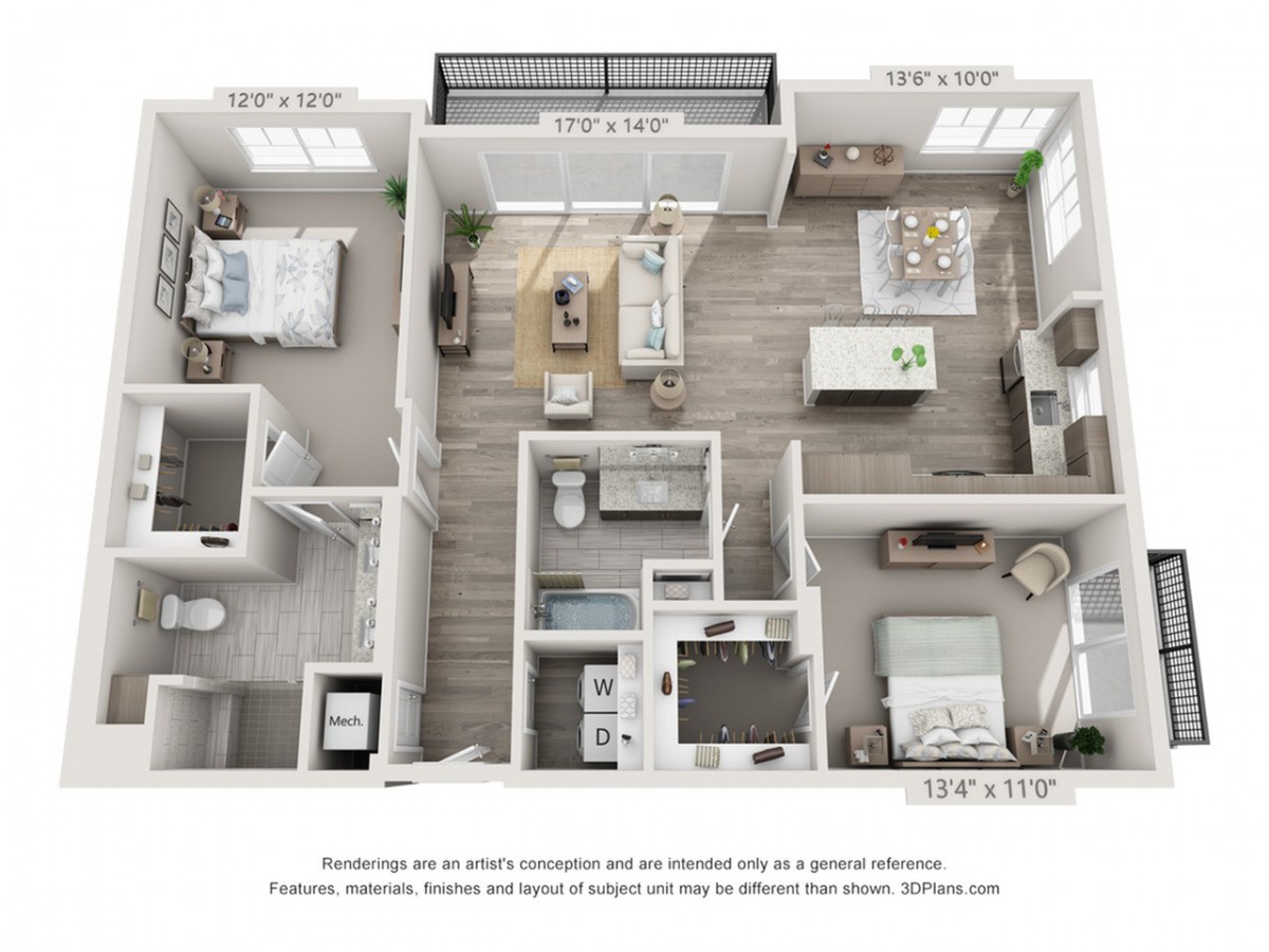 A modern 2-bedroom apartment floor plan showcasing an open-concept living space and kitchen.