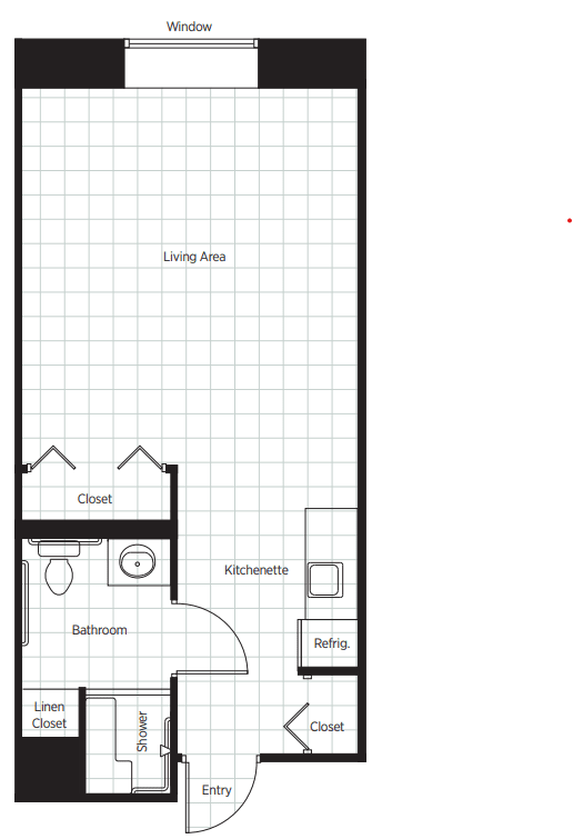 A floor plan depicting the layout of an apartment, including a bathroom, closet, and living area.
