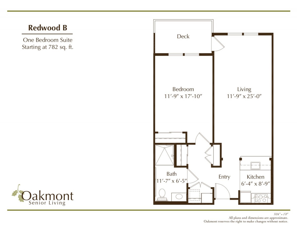 A floor plan for a one-bedroom apartment with living room, kitchen, bathroom, and deck.