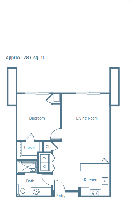 A floor plan of an apartment with approximately 787 square feet, featuring a living room, one bedroom, closet space, and a bathroom.