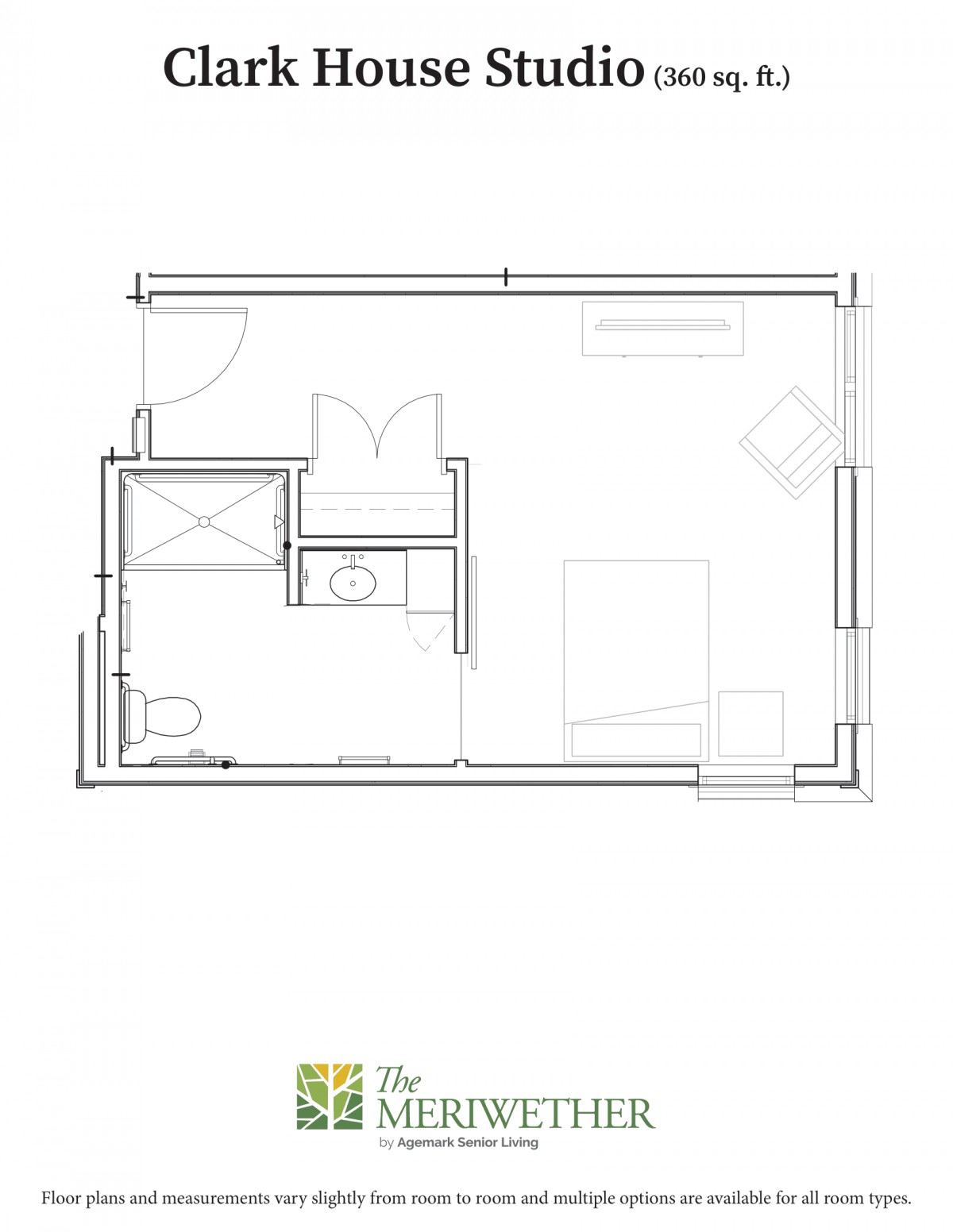 A simple floor plan depicting the layout of a room with a bathroom and entrance.