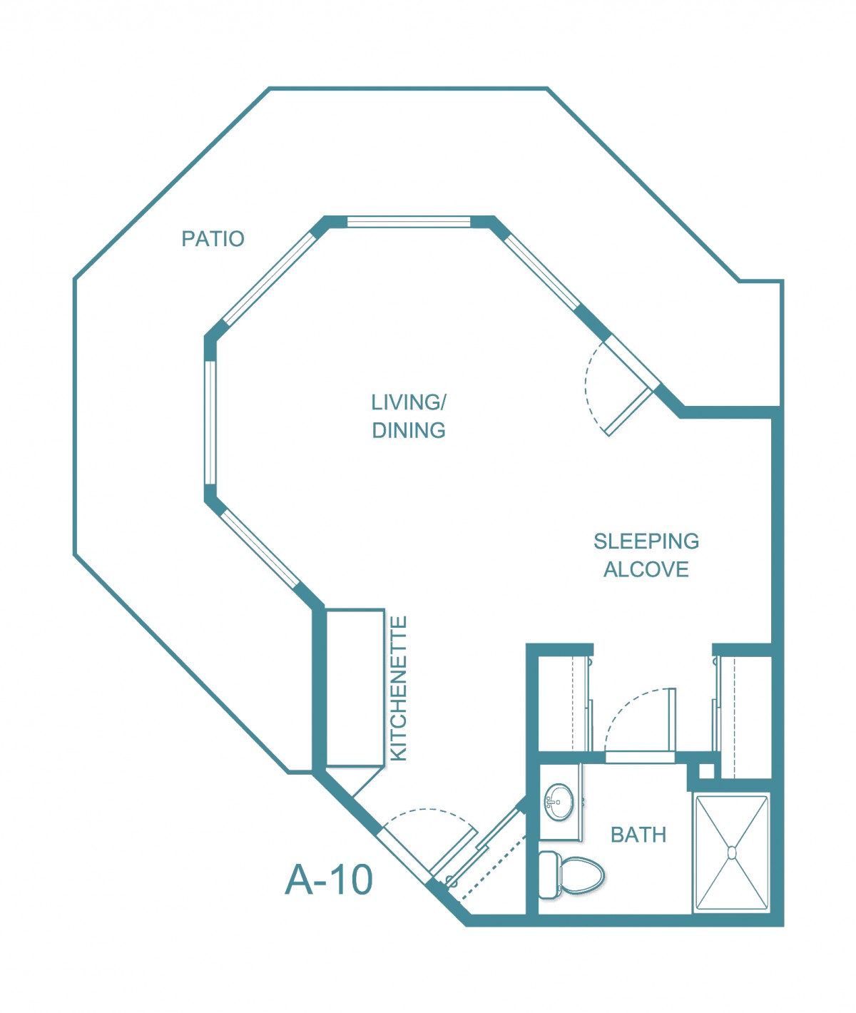 A floor plan of a studio apartment featuring a living area, sleeping alcove, and bathroom.