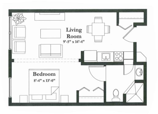 A simple floor plan of a one-bedroom apartment with designated areas for the living room, kitchen, and bathroom.