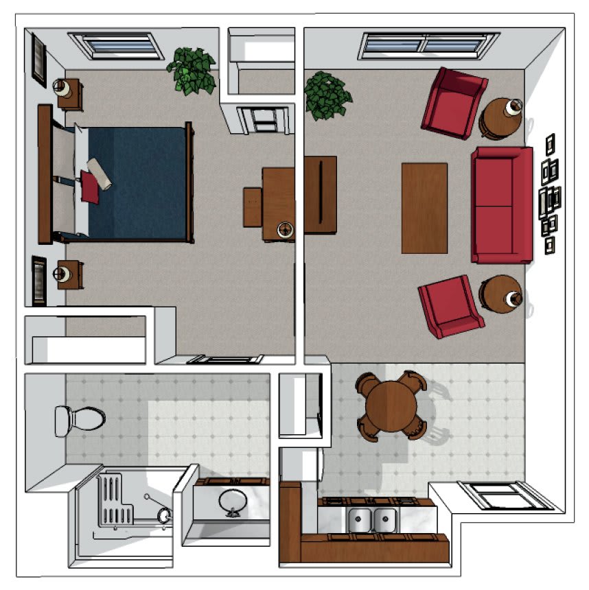 A floor plan of a one-bedroom apartment with a living room, kitchen, and bathroom.