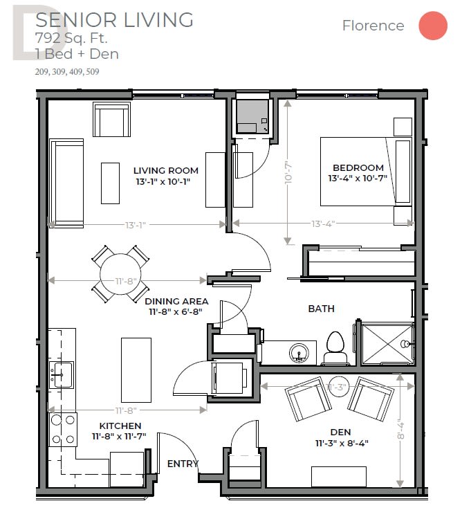 A detailed floor plan of a 1-bedroom apartment with a den, featuring designated areas for a living room, kitchen, and bathroom.
