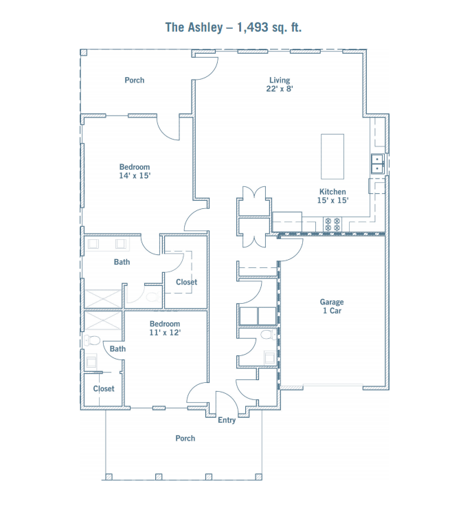 A floor plan labeled 'The Ashley', featuring a layout of rooms including a garage, kitchen, and bedrooms.