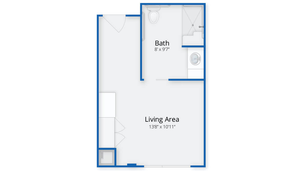 Studio apartment floor plan with a living area and bathroom.
