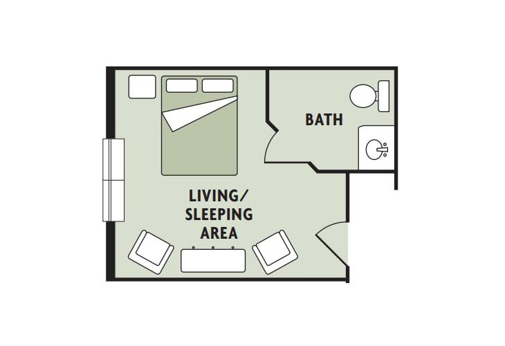 A studio apartment layout featuring a combined living and sleeping area with an adjacent bathroom.