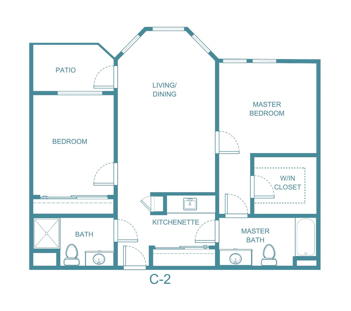A floor plan for a two-bedroom apartment with designated living, dining, and kitchen areas, as well as two bathrooms.