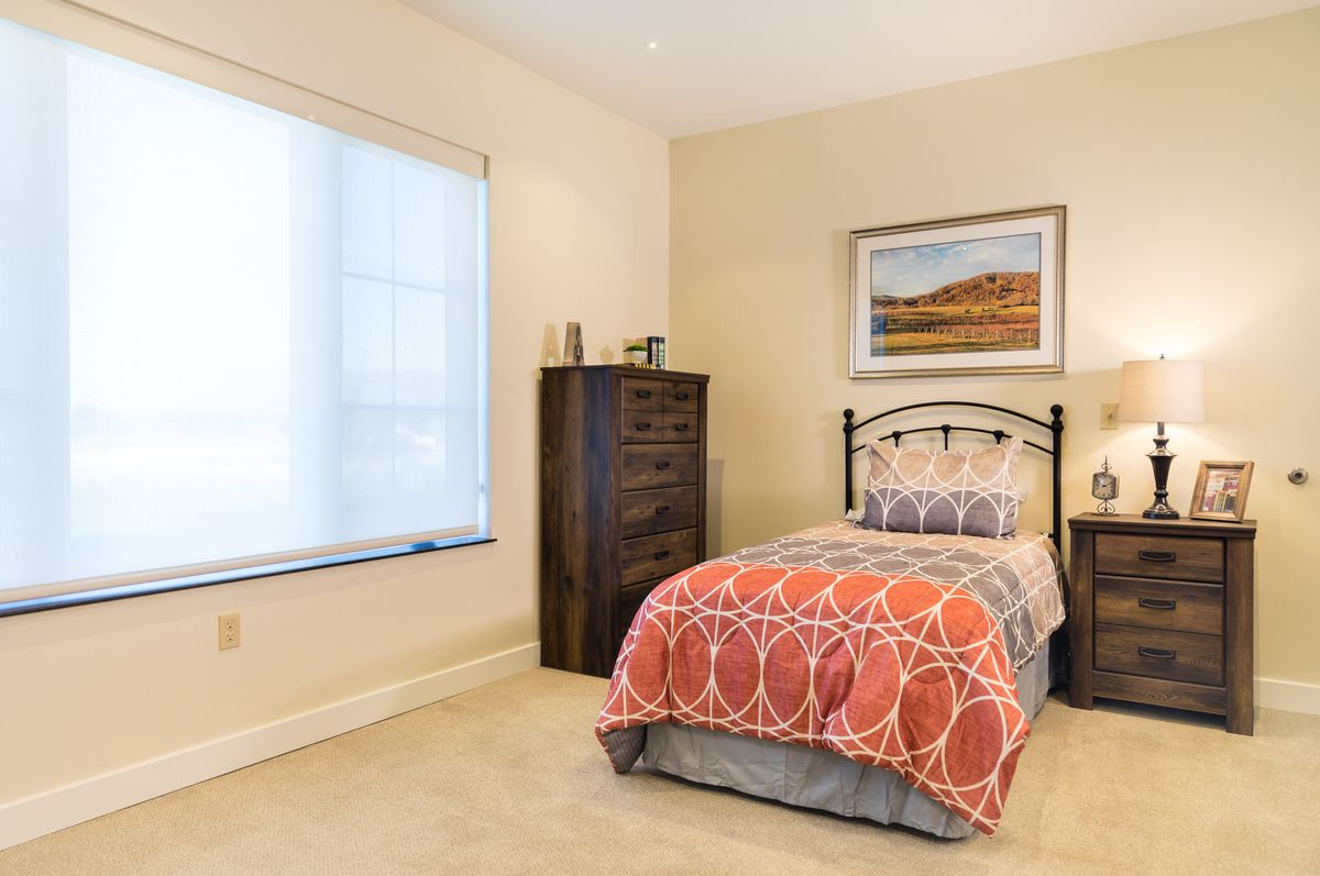 A cozy bedroom with a single bed and dresser, featuring warm decor and natural light.