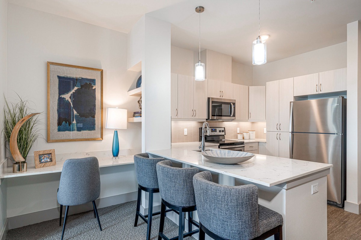 A modern kitchen with a sleek design, featuring a large countertop and stainless steel appliances.