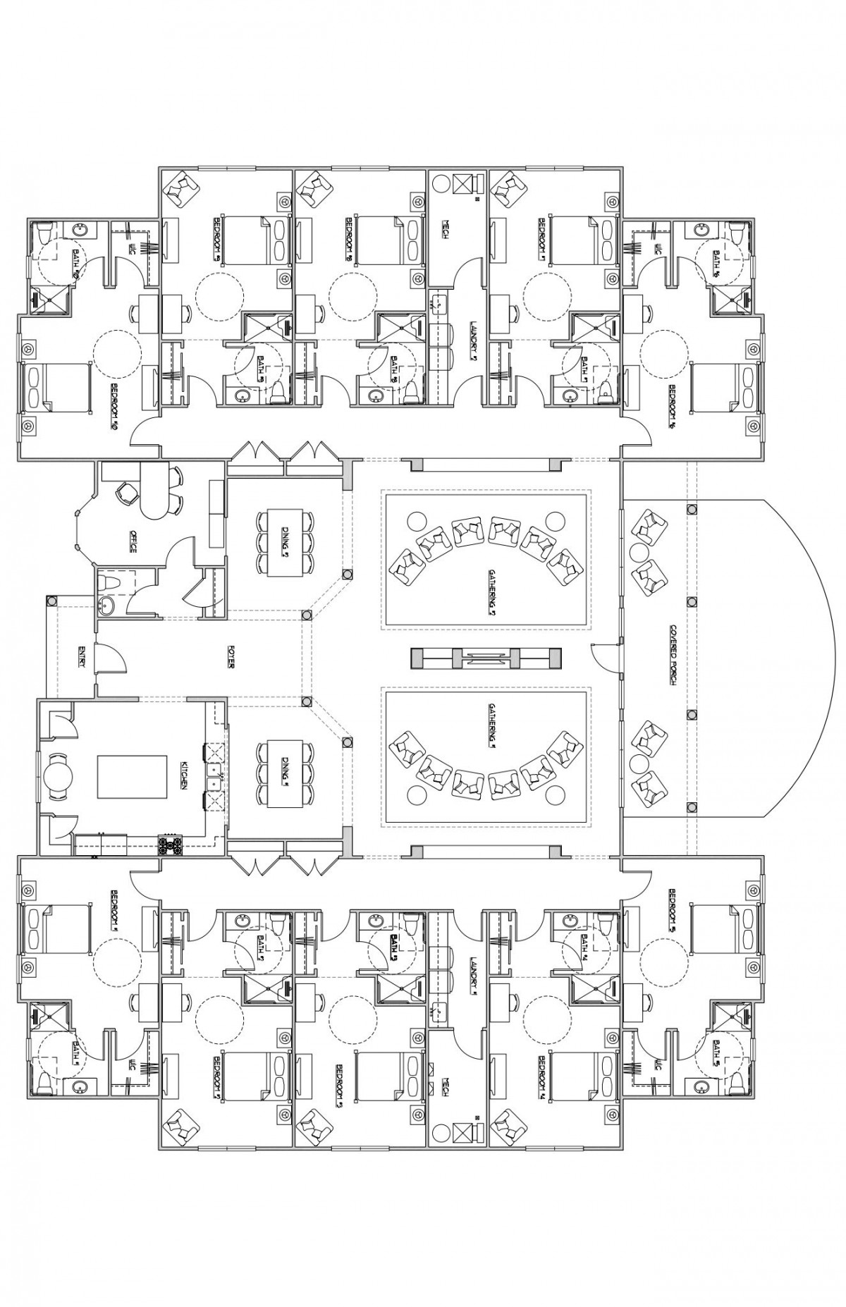 A detailed architectural floor plan showing the layout of multiple residential units and communal spaces.