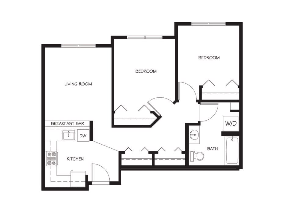 A floor plan of an apartment showing two bedrooms, a living room, a kitchen, and a bathroom.