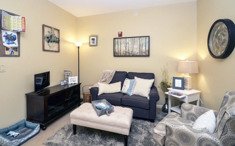 A cozy living room featuring a dark sofa with pillows, a small ottoman, and various decorative elements.