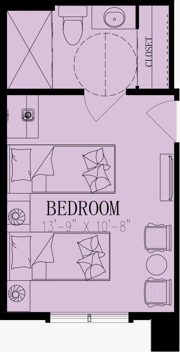 A floor plan of a bedroom showing furniture layout and dimensions.