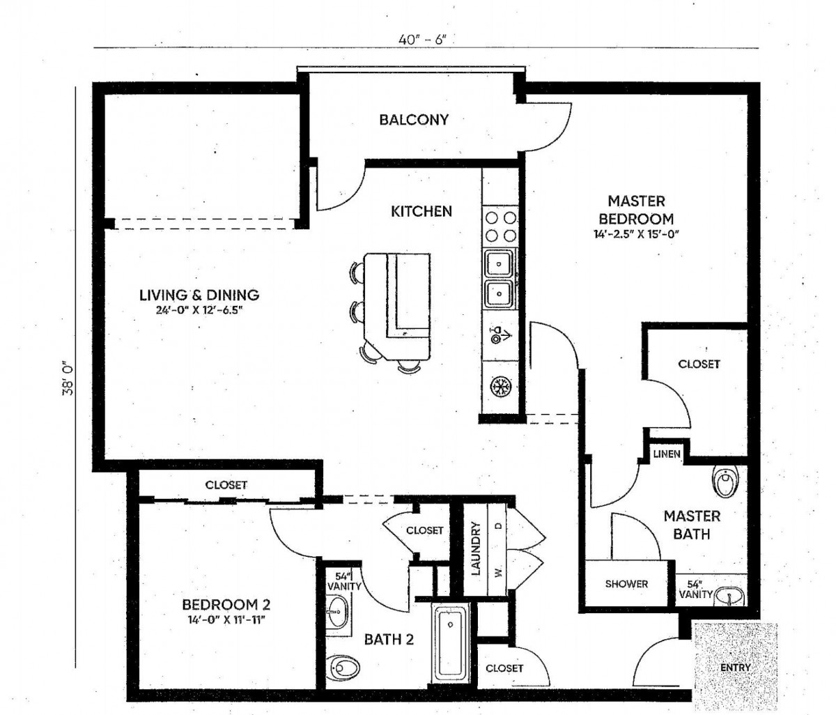 A floor plan of a two-bedroom apartment featuring a kitchen, living and dining area, balcony, and two bathrooms.