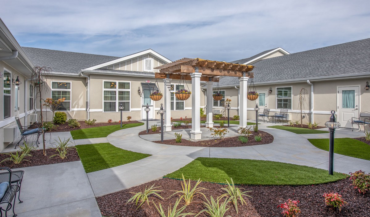 A modern residential courtyard featuring a pergola and landscaped pathways.