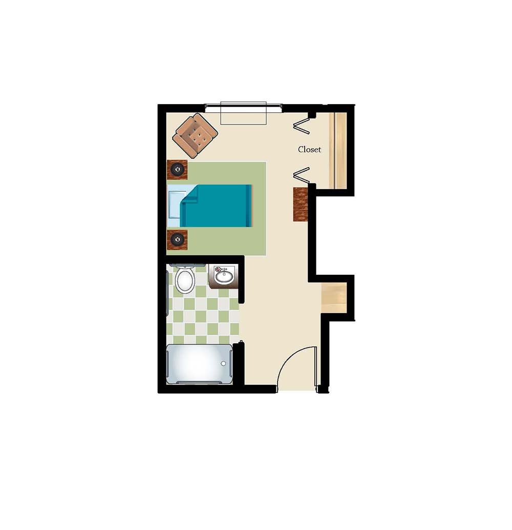 A simple floor plan of a small studio apartment, featuring a bedroom, living area, kitchenette, and bathroom.