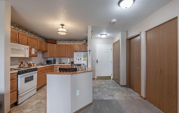 A cozy apartment kitchen with wood cabinets and a carpeted entryway.